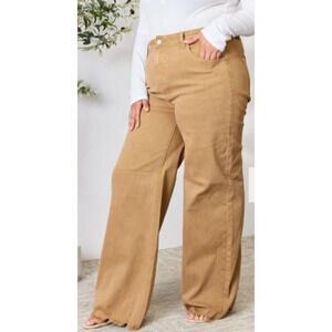 RISEN Full Size Fringe Hem Wide Leg Jeans Mocha Tan High Rise Size 31 x 32